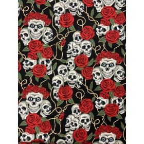 Alexander Henry Baumwollstoff Totenkopf mit Rosen schwarz