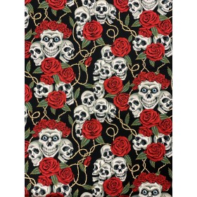 Alexander Henry Baumwollstoff Totenkopf mit Rosen schwarz