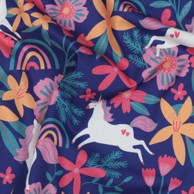 Feiner Poplin Stoff – Blumen & Einhörner auf Kobalt