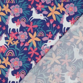 Feiner Poplin Stoff – Blumen & Einhörner auf Kobalt