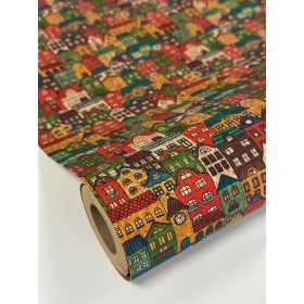 Korkstoff bunte Häuser – Einfaches Tapezieren, robust, abwaschbar und kreativ einsetzbar Stoff aus Kork